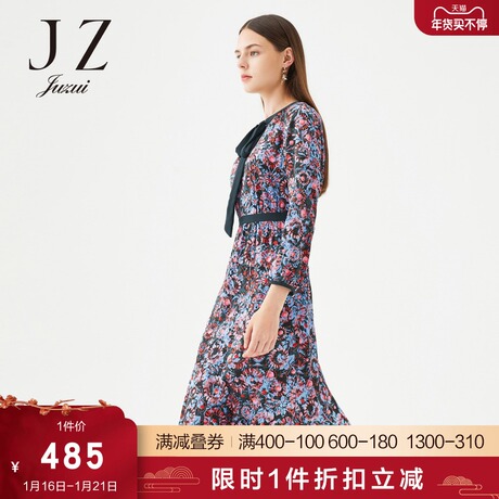 JUZUI/玖姿官方奥莱店秋季清仓撞色系带浪漫印花真丝女连衣裙商品大图