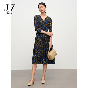 JZ玖姿商场同款优雅假日碎花收腰连衣裙女2025春季新款