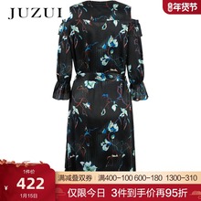 JZ玖姿女装2022春季中长新款桑蚕丝亲肤印花喇叭袖衬衫真丝连衣裙图片