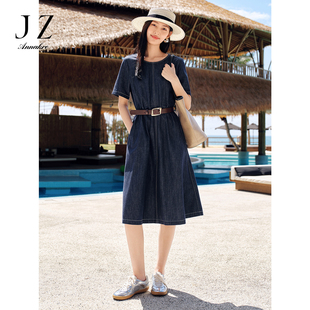 【清风牛仔】玖姿安娜蔻莱赛尔亚麻牛仔收腰连衣裙女2025夏季新款