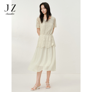 玖姿安娜蔻优雅法式风重工蕾丝假两件收腰连衣裙女2025夏季新款