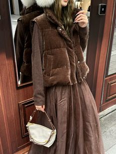 2025秋新款cicicoco韩版拼蕾丝立领宽松金丝绒两面穿羽绒服马甲女