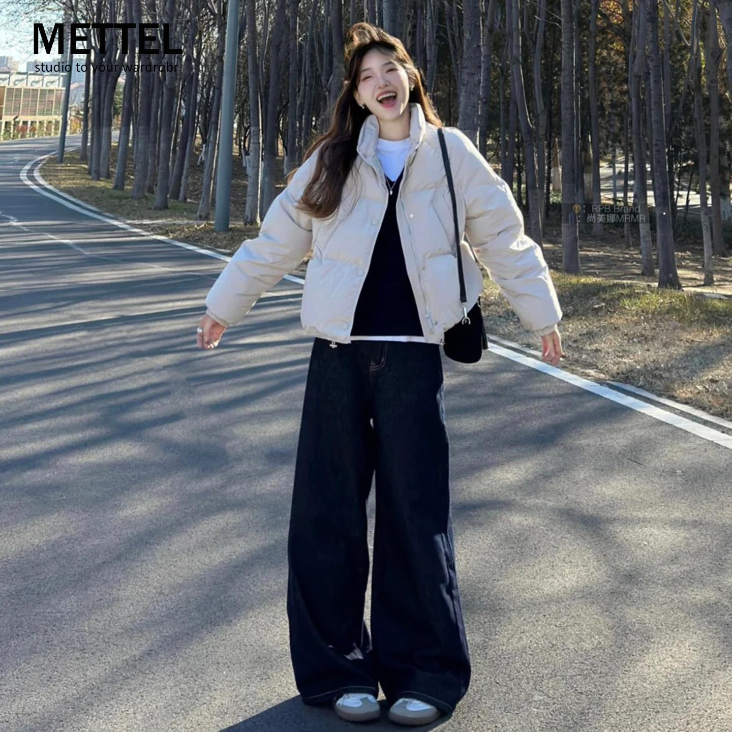 深蓝色丹宁加绒阔腿牛仔裤女秋冬2025新款高腰小个子宽松直筒裤子