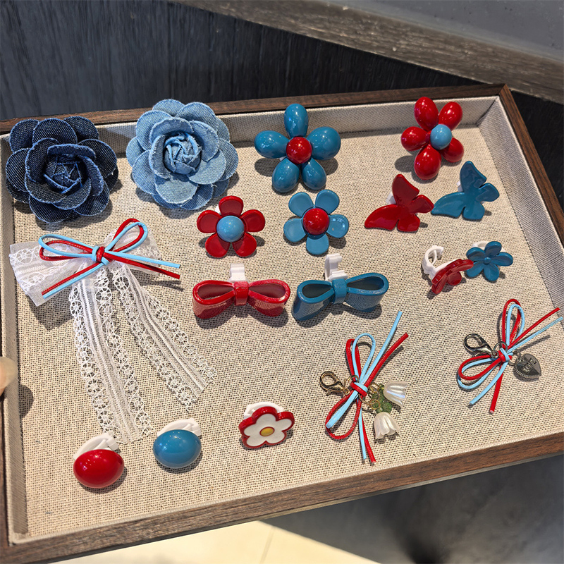 diy红蓝牛仔花朵蝴蝶结鞋带配饰