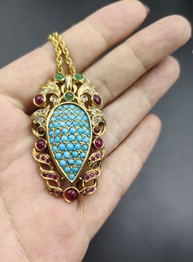 欧洲祖母绿红宝石钻石绿松精工古董珠宝项链吊坠胸针复古镂空雕花