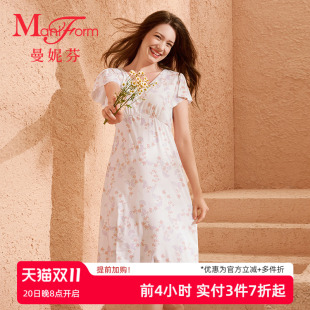 曼妮芬女士家居服睡衣V领高腰短袖 亲肤柔软春夏睡裙 裙装