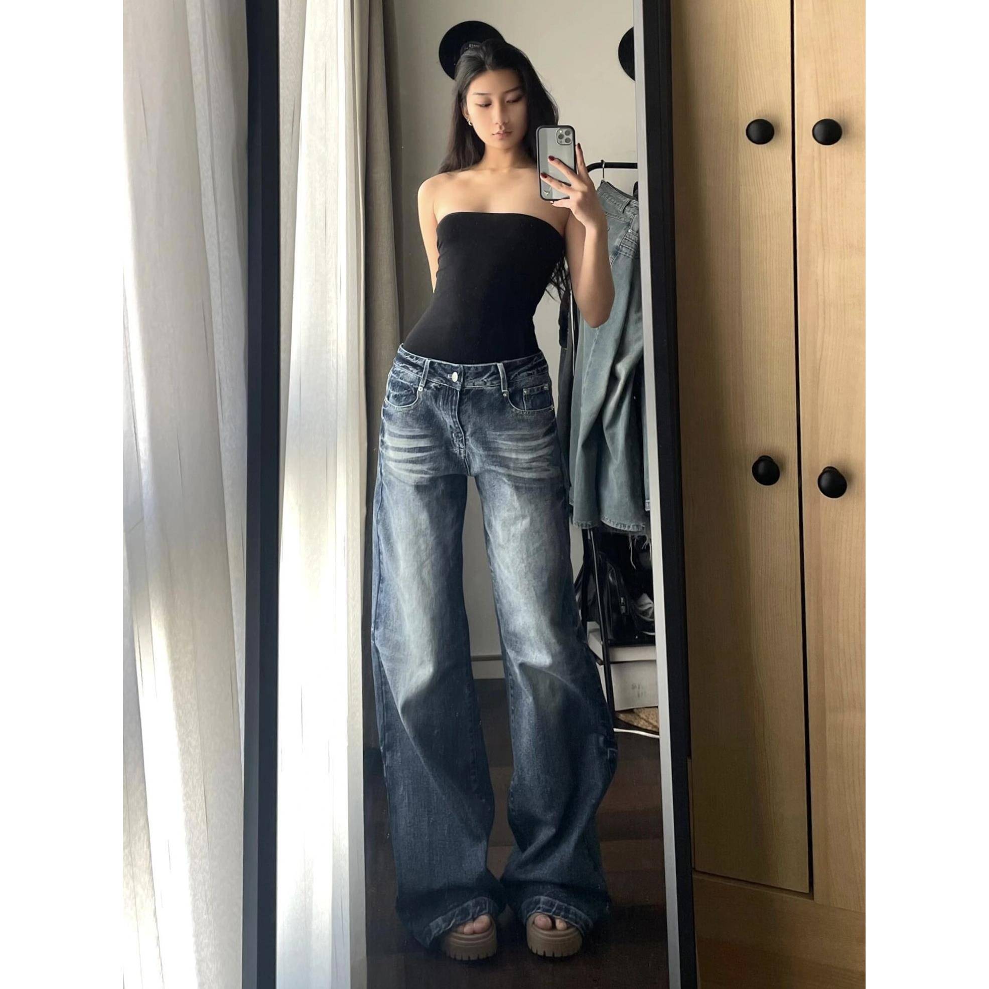 180高个子加长复古辣妹低腰微喇牛仔裤女春秋宽松显瘦阔腿拖地裤