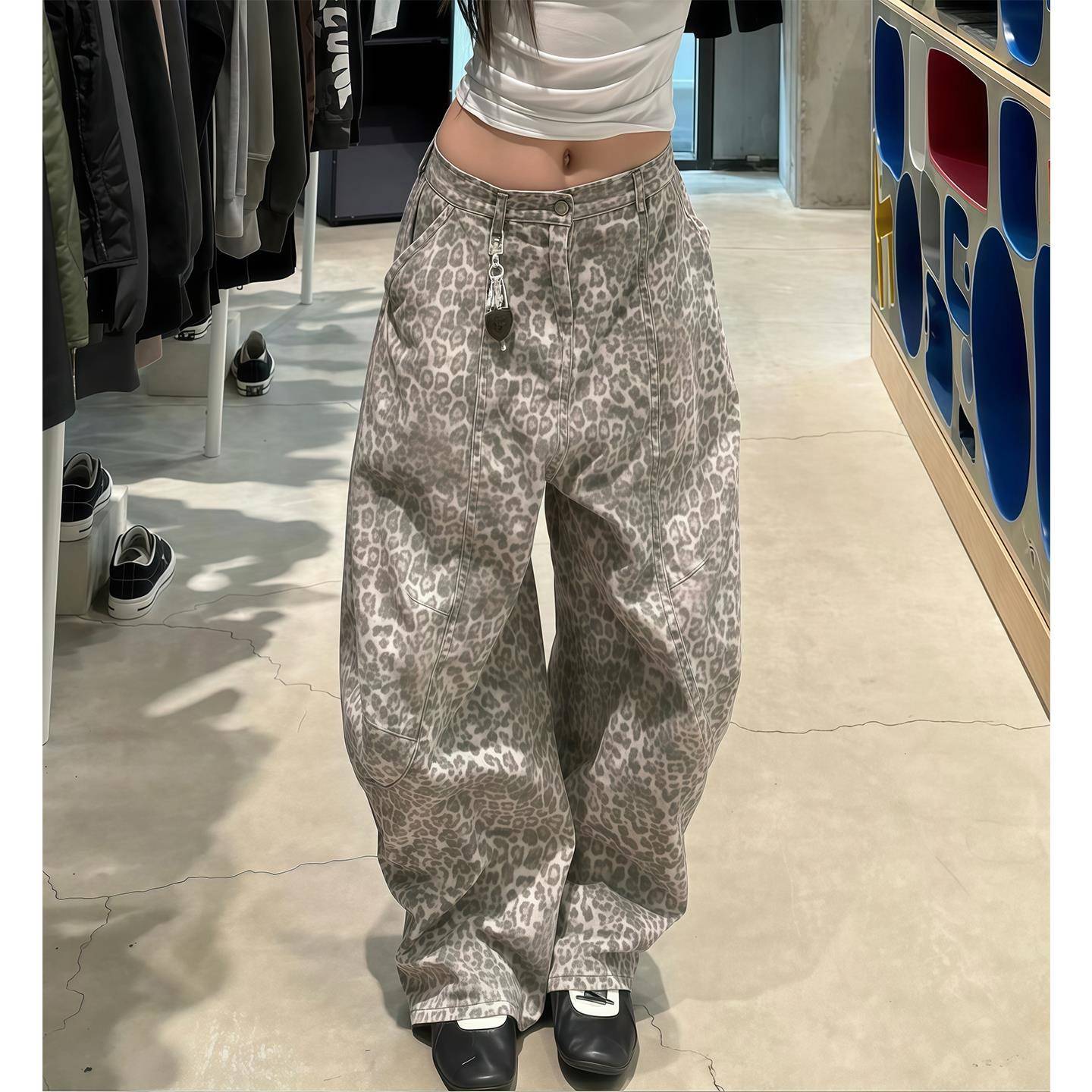 美式覆古豹纹弯刀牛仔裤女早秋辣妹廓形松弛慵懒宽松阔腿拖地裤子