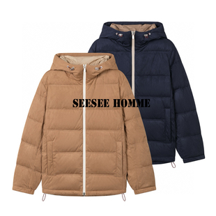 日本东丽特质麂皮绒面白鹅绒男连帽面包羽绒服BG 老钱风 BC版