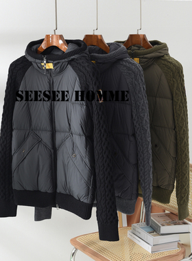 SEESEE HOME 小众PJS原味纯血 绞花羊毛袖拼接鹅绒男连帽羽绒服SQ