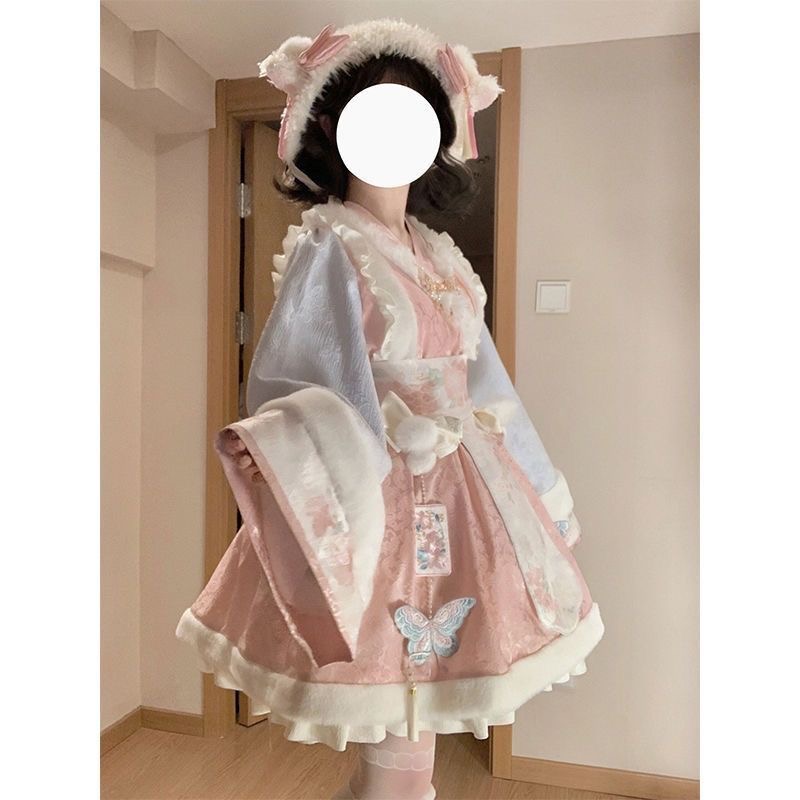 粉色新年甜美洛丽塔少女op连衣裙国风秋冬公主裙子长袖