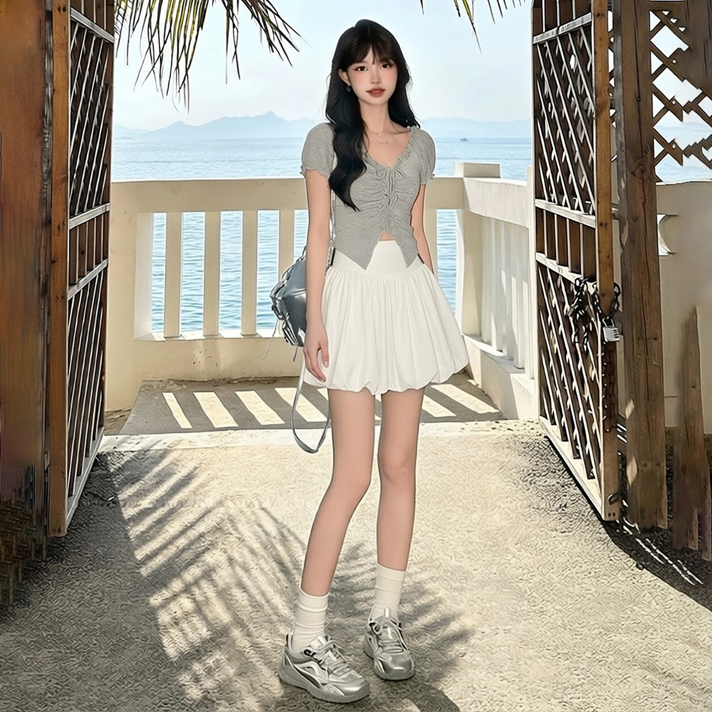 白色花苞裙女2026新款夏季薄款小个子高腰短裙半身裙防走光