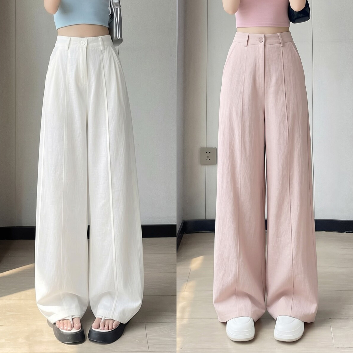 粉色老钱风天丝亚麻裤子女