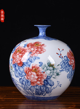 景德镇陶瓷花瓶手绘五彩牡丹大号石榴瓶中式家居饰品摆件名家收藏