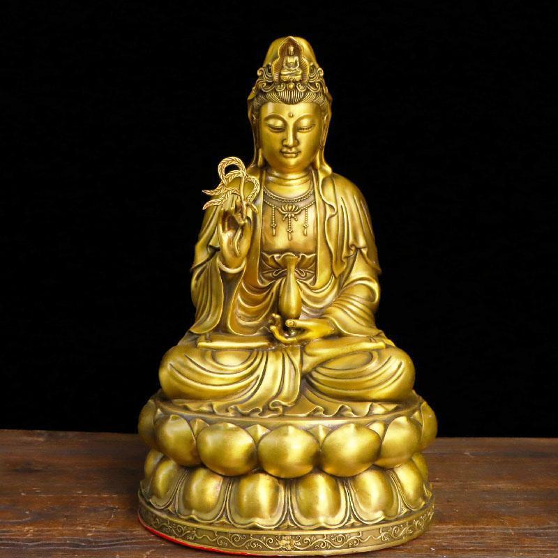 黄铜观世音菩萨摆件柳枝净瓶坐莲花观音神像寺庙佛堂家居供奉佛像