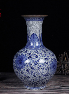 景德镇陶瓷器手绘青花开片仿古官窑花瓶新中式插花器客厅家居摆件