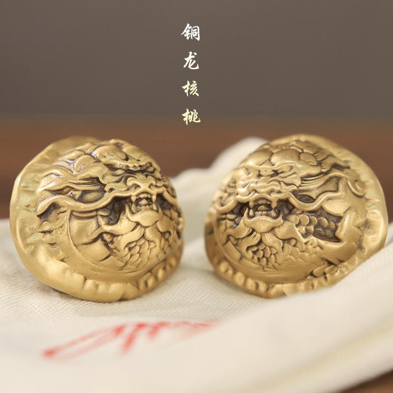文玩铜核桃摆件 龙头款实心铜核桃手把件 健身球一对 手把球一对