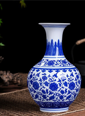 景德镇陶瓷器仿古青花瓷缠枝莲花瓶中式博古架客厅装饰品家居摆件