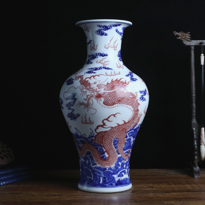 景德镇陶瓷器仿古青花釉里红龙纹花中式家居客厅摆件文玩收藏饰品