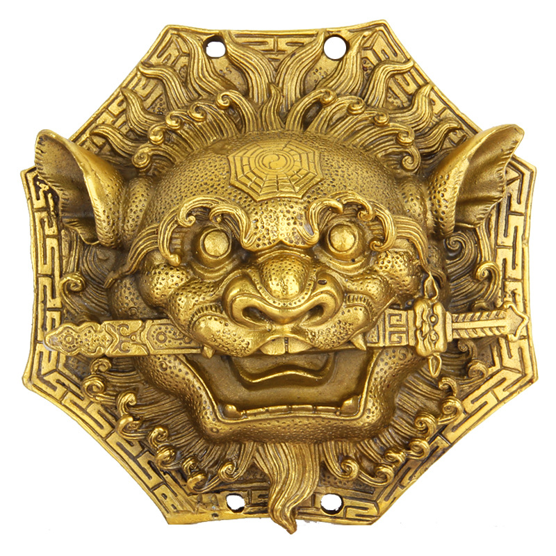 黄铜狮咬剑挂件 铜狮子摆件 铜兽头挂件