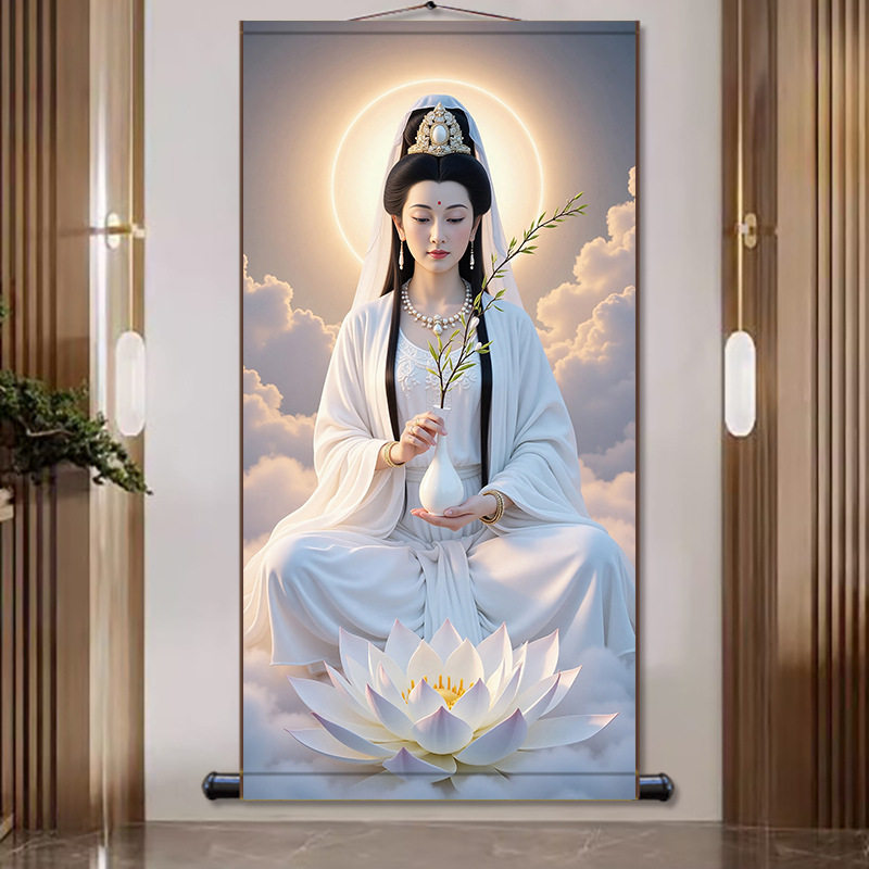 白衣观音画像佛堂供奉挂画观世音菩萨佛像挂画丝绸卷轴挂画