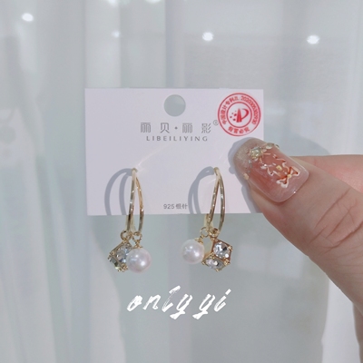 丽贝丽影925银针耳环女珍珠锆石半圈耳钉设计感高级百搭时尚耳饰