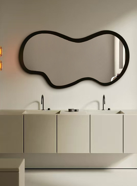 轻奢艺术卫浴镜智能LED灯梳妆镜异形黑色浴室镜波浪ins不规则镜子