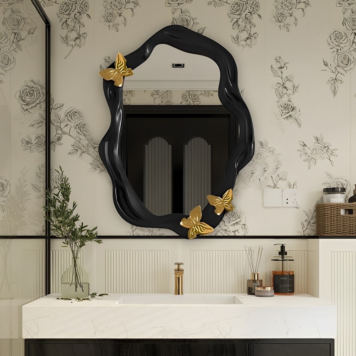 浴室镜LED蝴蝶雕花镜子现代轻奢艺术装饰镜ins卧室壁挂异形梳妆镜