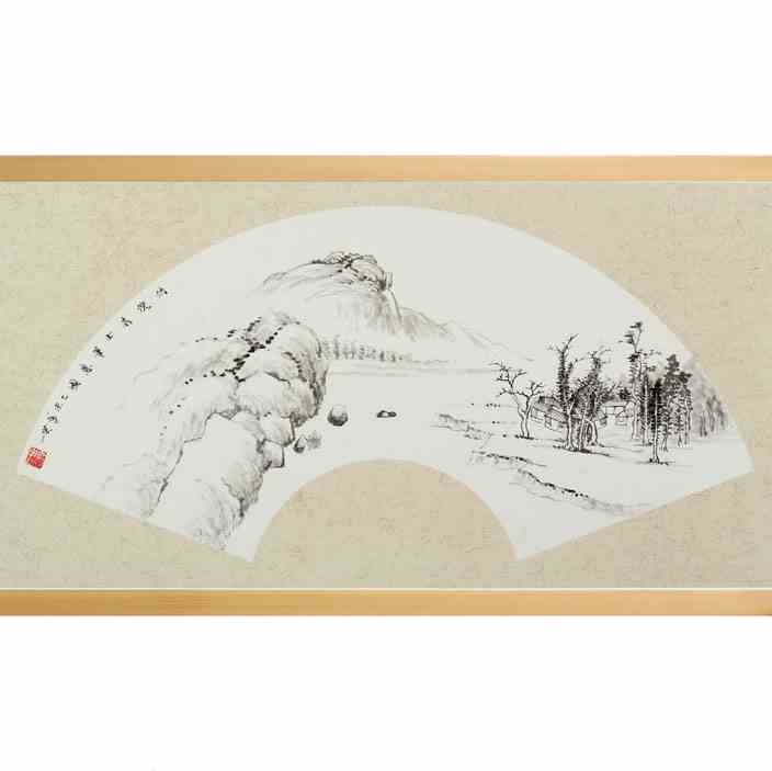 手绘国画装饰画带框中式名家字画实木框客厅扇面山水画定制包邮