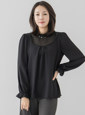 26新品春秋韩式优雅黑色白色蕾丝立领泡泡袖衬衫女打底百搭上衣