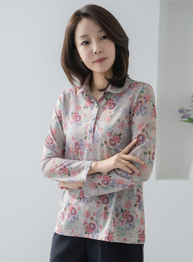 2026春秋韩国妈妈装长袖翻领碎花衬衫中老年女时尚减龄弹力上衣