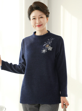 2025冬季丝绒中老年女装长袖刺绣打底衫妈妈装大码显瘦保暖上衣