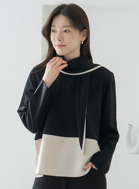2026韩国简约风圆领拼接长袖衬衫女宽松显瘦假两件撞色上衣通勤