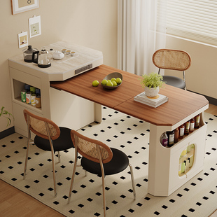 小户型多功能可伸缩折叠实木岩板岛台餐桌一体家用