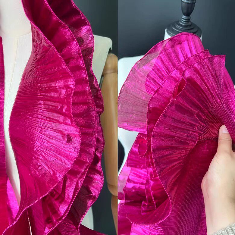 玫红色金属光泽波浪大花边百褶荷叶边礼服造型装饰设计师面料