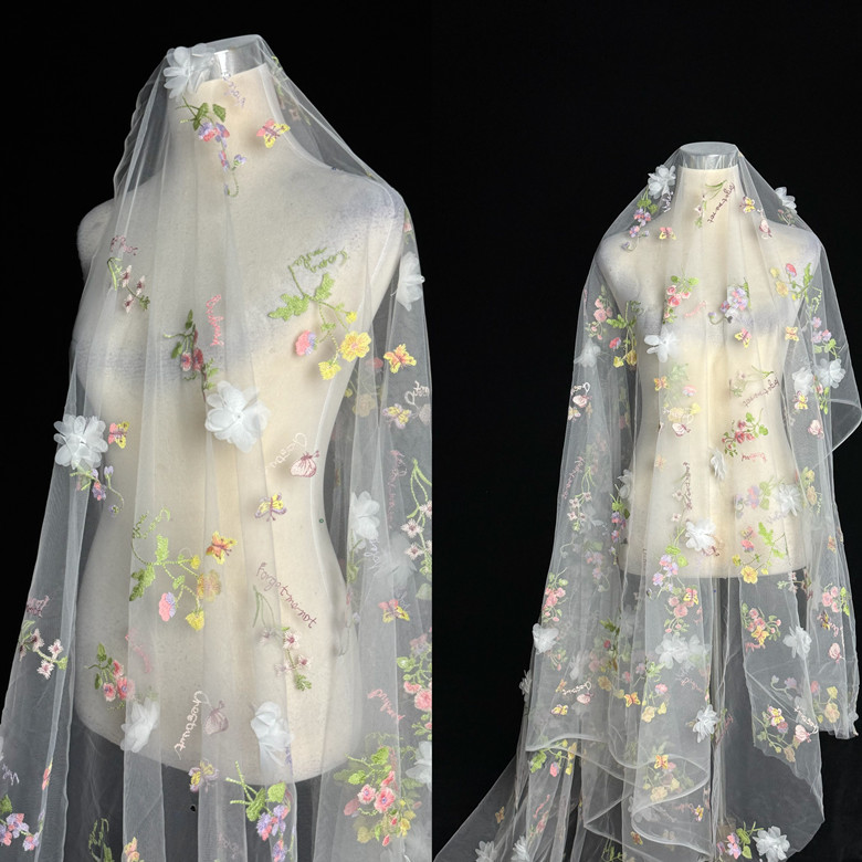 春夏现代植物立体花型多色婚纱连衣裙欧式绣花网纱布料