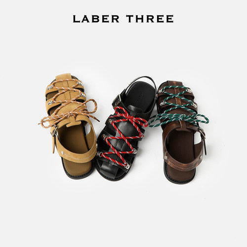 LABER THREE 新品脚感舒适个性时髦编织撞色绑带经典罗马平底凉鞋