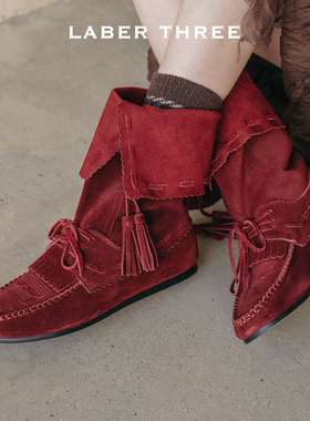 LABERTHREE 25秋冬新品氧气感复古流苏绑带刺绣堆堆靴时尚中筒靴
