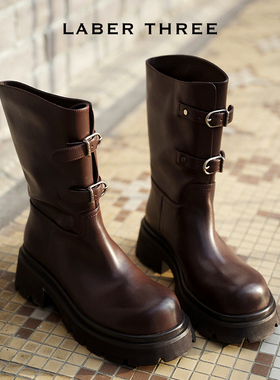 LABERTHREE 精选进口小牛皮厚底大头骑士矮靴美拉德风时装短靴