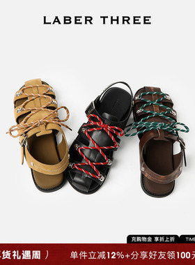 LABER THREE 新品脚感舒适个性时髦编织撞色绑带经典罗马平底凉鞋
