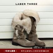 LABERTHREE冬季 新品 弥冬旷野绕带雪地靴女复古擦色金属扣毛毛长靴