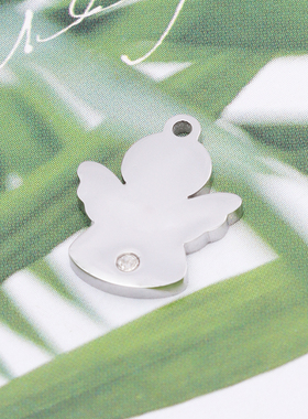 小天使吊坠带钻镜面钛钢外单孔DIY项链饰品配件304不锈钢激光刻字