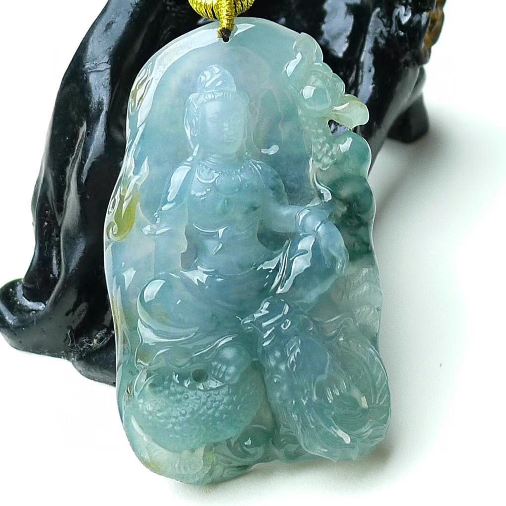 缅甸天然A货翡翠挂件 飘花降龙观音菩萨吊坠 玉质细腻 53.00g证书