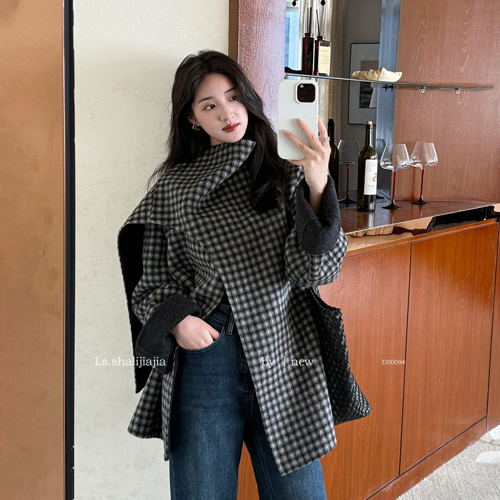 LS述致 格纹双面呢毛呢大衣女2025秋冬围巾领斗篷外套女装 D5009#,女装/女士精品,毛呢外套,淘宝优惠券,粉丝福利购,淘宝优惠卷