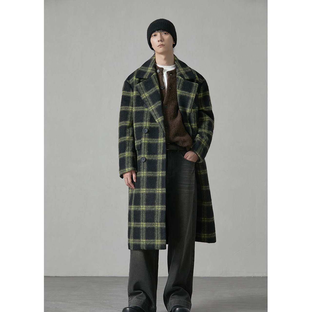 HEBBLES秋冬男装美式复古黑绿格设计宽松中长大衣设计感羊毛风衣,男装,毛呢大衣,淘宝优惠券,粉丝福利购,淘宝优惠卷