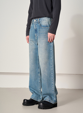 HEBBLES/23春季经典复古做旧水洗蓝色牛仔裤男直筒宽松百搭阔腿裤