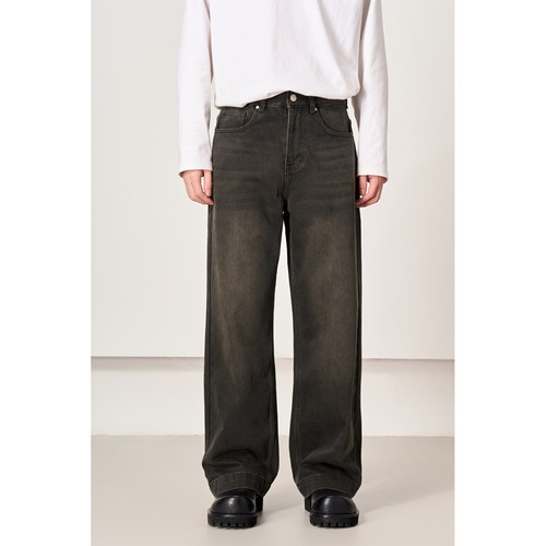 加绒保暖重磅水洗做旧阔腿牛仔裤