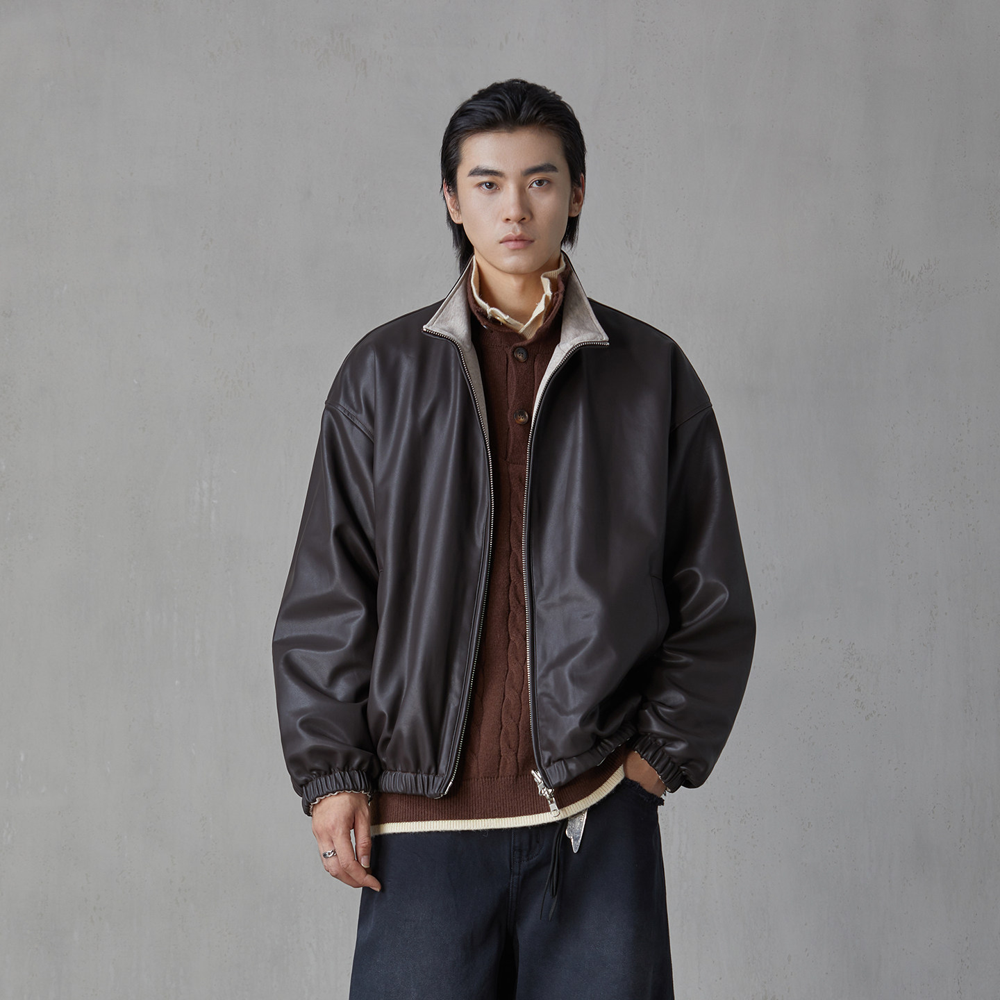 hebbles/亨佰仕酷飒双面穿冬季羊皮衣夹克黑色机车翻领夹克外套