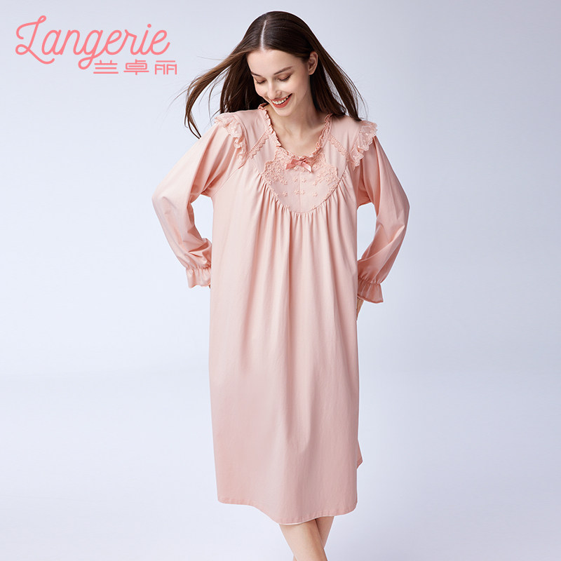 兰卓丽春秋款女甜美风睡裙A字娃娃衫上衣长袖睡衣宽松舒适家居服