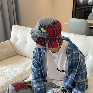 AONE4SURE Spliced Bucket Hat 原创牛仔格子拼接大头围渔夫帽